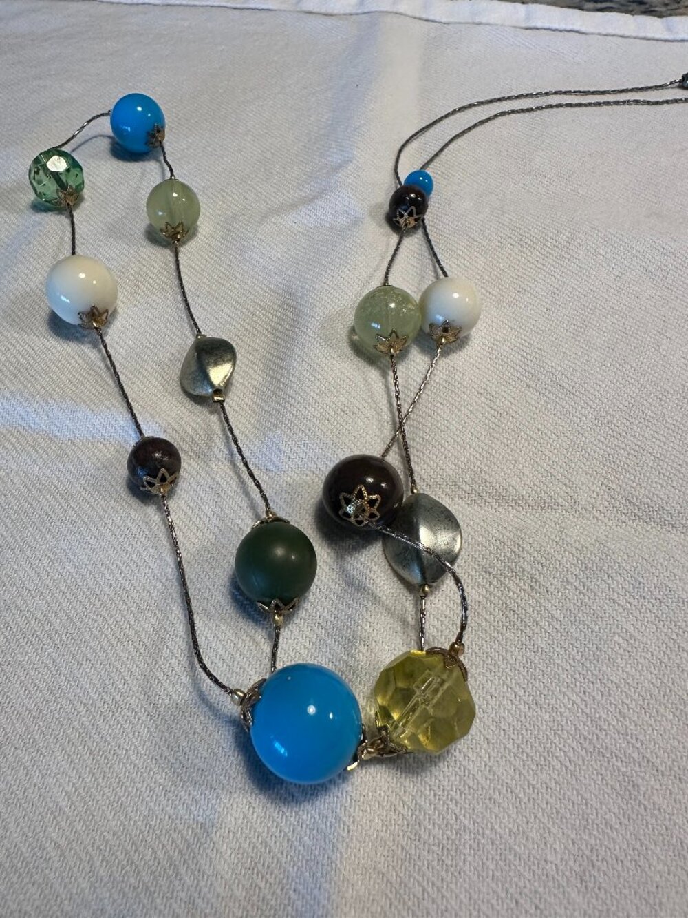 Chico's Long Multicolor Beaded Statement Necklace Blue Green Silver